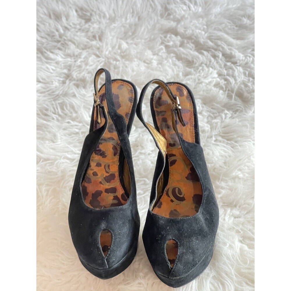 Sam Edelman Women’s Size 7.5 Black Suede Shoes Peep Toe Platform Heels - Picture 3 of 11
